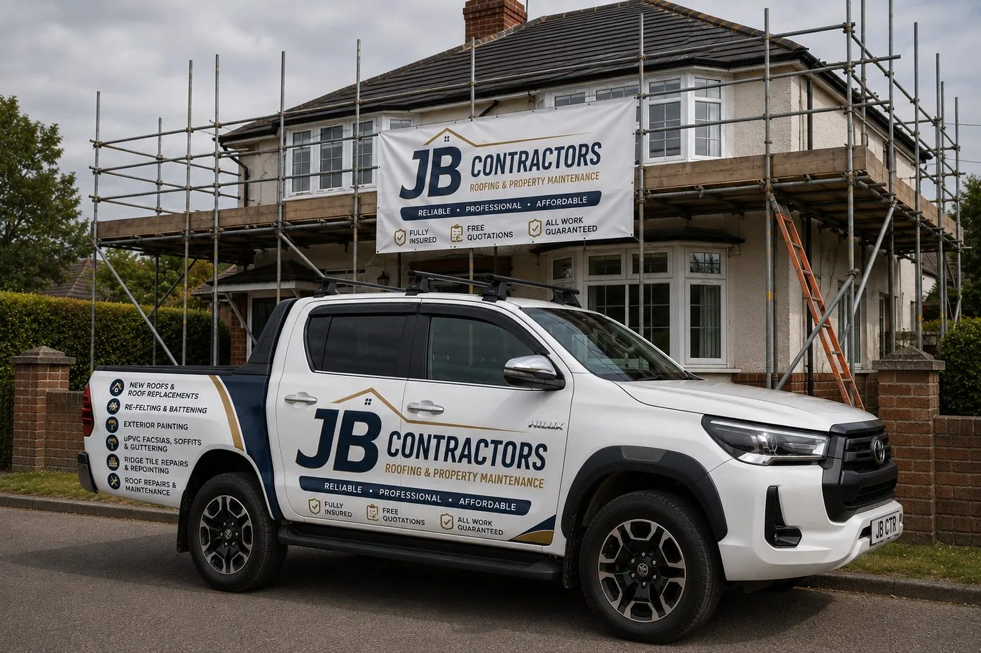 Teignmouth Roofing pickup truck on site at a scaffolded roofing job in Teignmouth